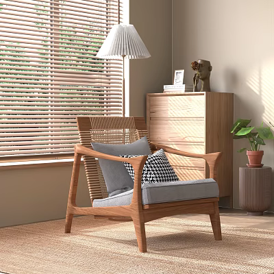 Wooden Frame Leisure Chair With Gray Cushion Plaid Pillow Blinds Pendant Light And Plant 3d model