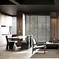 Modern Living Dining Room Interior With Wooden Walls Gray Sofa And Fireplace