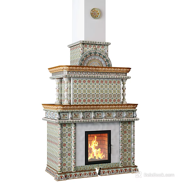 Ornate Classical Fireplace with Decorative Tiles Layered Design and Burning Fire 3d model 