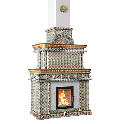 Ornate Classical Fireplace with Decorative Tiles Layered Design and Burning Fire 3d model