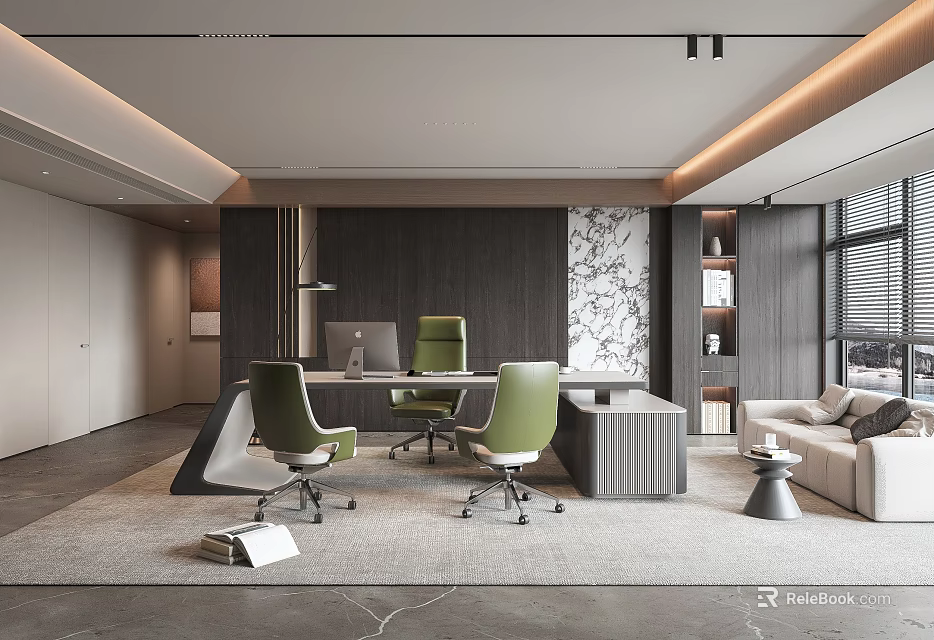 Modern Office Interior Design With Green Chairs Desk Decorative Wall And Sofa 3d model 