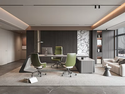 Modern Office Interior Design With Green Chairs Desk Decorative Wall And Sofa 3d model