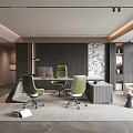 Modern Office Interior Design With Green Chairs Desk Decorative Wall And Sofa