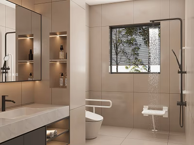 Modern Bathroom Interior With Beige Tiles Large Mirror Toilet And Shower Area 3d model
