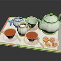 Elegant Tableware Set with Teapot Teacups Milk Jug Sugar Bowl and Pastries on Tray
