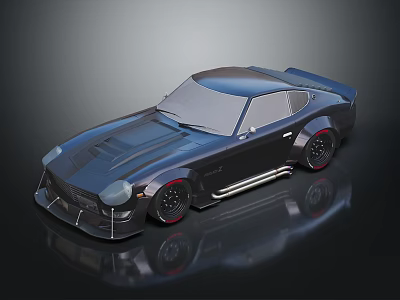Dark Blue Retro Sports Car With Sleek Body And Black Red Accent Wheels 3d model