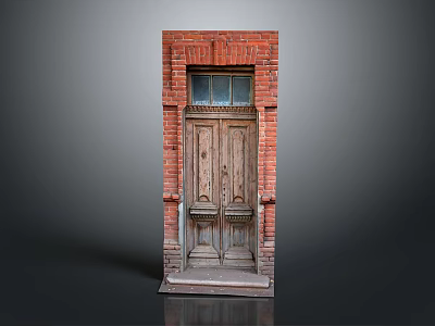 Traditional Wooden Door With Red Brick Frame And Glass Window Detail 3d model