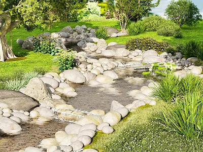 Natural Waterfront Landscape With Stone Stream Lush Grass And Trees 3d model