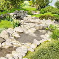 Natural Waterfront Landscape With Stone Stream Lush Grass And Trees