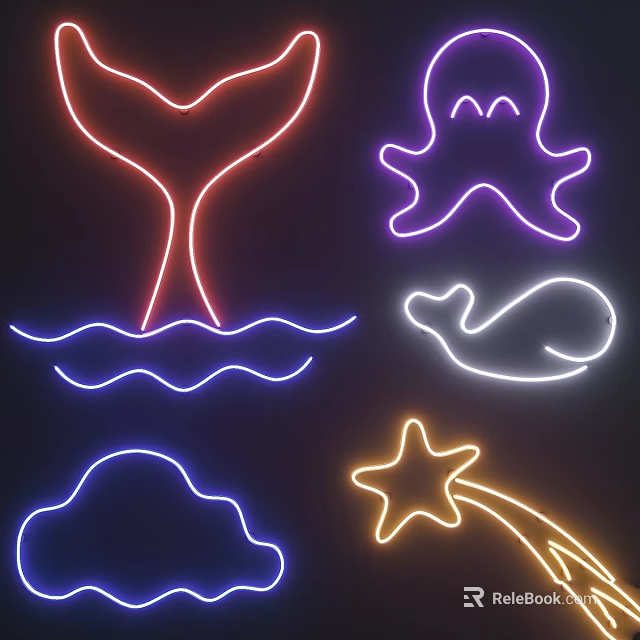 Colorful Neon Decorative Lights With Whale Tail Octopus Star And Wave Shapes 3d model 