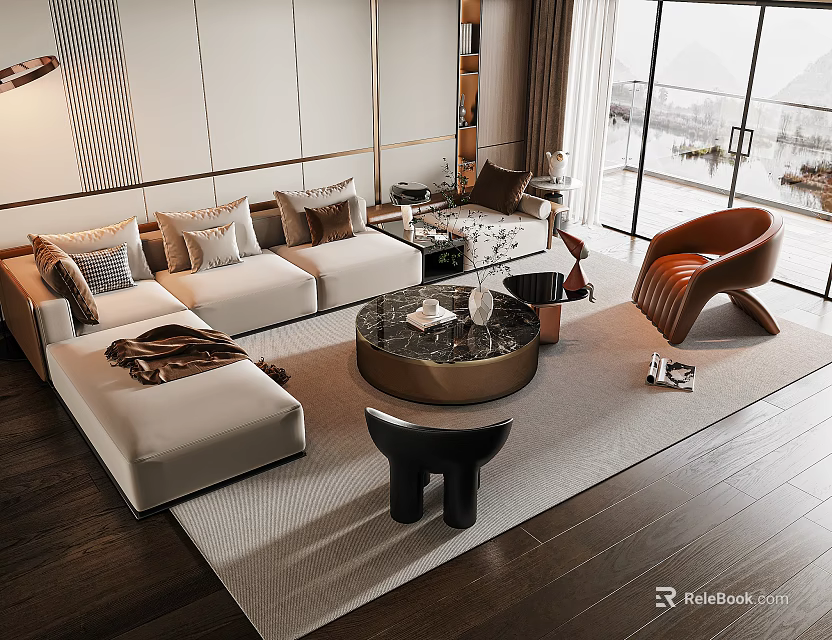 Modern Living Room Sofa Coffee Table Set With Leather Chair Decorative Pillows And Area Rug 3d model 