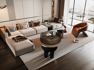 Modern Living Room Sofa Coffee Table Set With Leather Chair Decorative Pillows And Area Rug 3d model