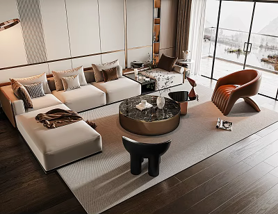 Modern Living Room Sofa Coffee Table Set With Leather Chair Decorative Pillows And Area Rug 3d model