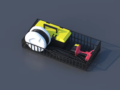 Essential Hardware Tools With Yellow Toolbox White Tape Measure And Red Tool In Black Basket 3d model