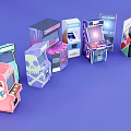 Colorful Arcade Machines with Different Designs in a Row on Purple Background