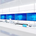 Modern Control Room With Four Blue Screens And Models On Console 3d model