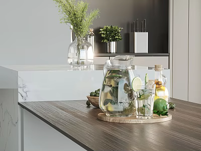 Modern Kitchen Countertop With Essential Daily Use Appliances And Fresh Decorative Plants 3d model