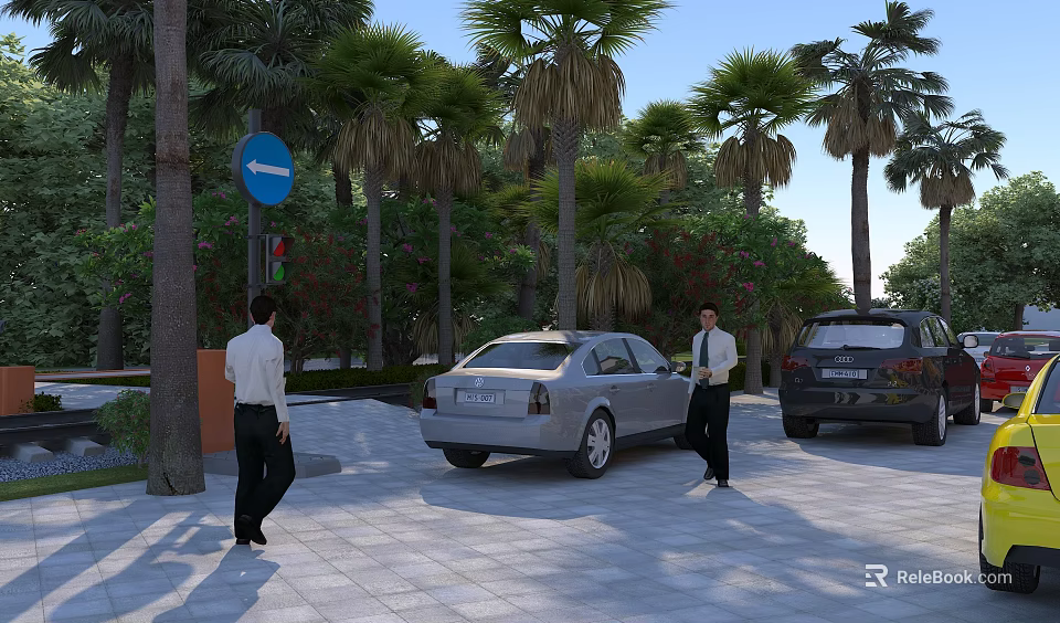 Road Facilities Featuring Blue Traffic Sign Paved Road Palm Trees And Parked Cars 3d model 