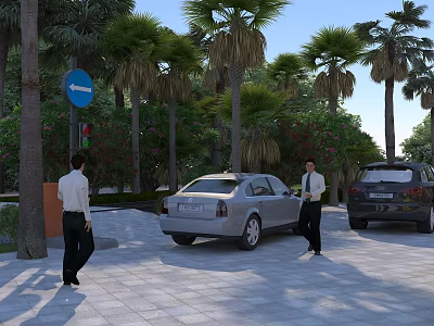 Road Facilities Featuring Blue Traffic Sign Paved Road Palm Trees And Parked Cars 3d model