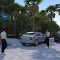 Road Facilities Featuring Blue Traffic Sign Paved Road Palm Trees And Parked Cars