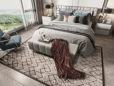 Modern Double Bed with Grey Headboard Multiple Pillows Blue Armchair and Scenic Window View 3d model