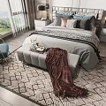 Modern Double Bed with Grey Headboard Multiple Pillows Blue Armchair and Scenic Window View