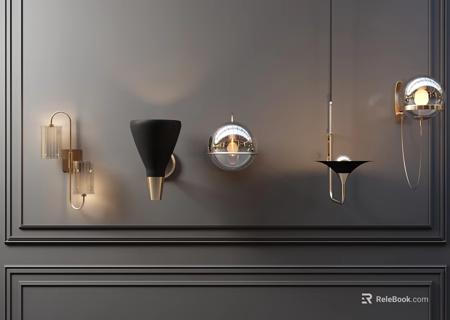 Modern Wall Sconces With Contemporary Design And Metallic Finish Mounted On Dark Gray Wall 3d model 