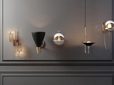 Modern Wall Sconces With Contemporary Design And Metallic Finish Mounted On Dark Gray Wall 3d model