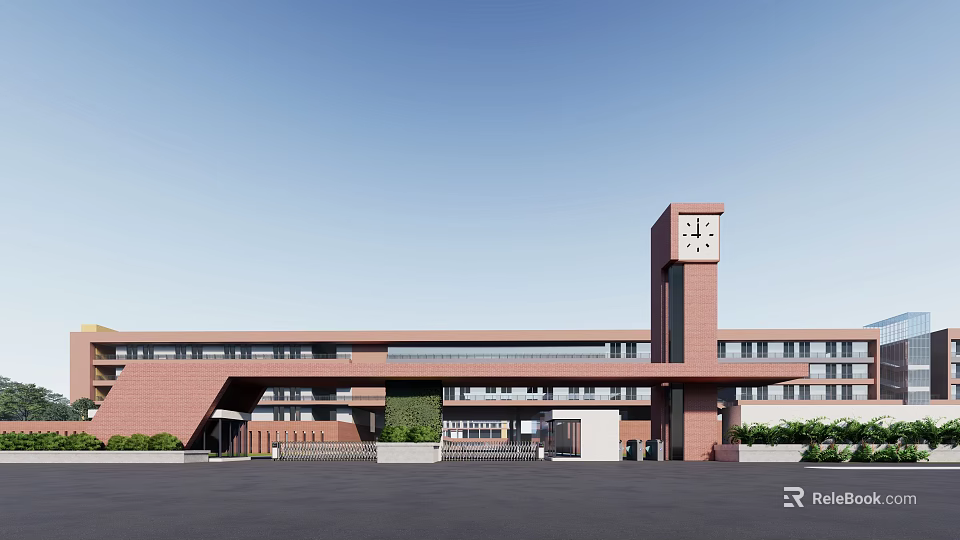 Red Brick Building Exterior With Clock Tower Spacious Entrance And Green Landscaping 3d model 
