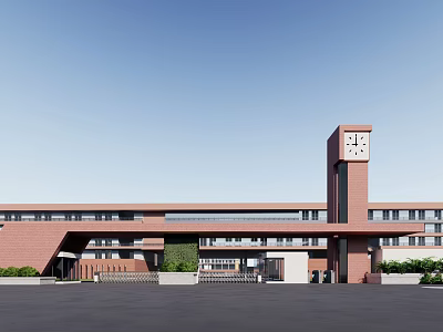 Red Brick Building Exterior With Clock Tower Spacious Entrance And Green Landscaping 3d model