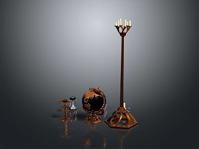 Vintage Decorative Equipment Including Globe Floor Candelabra Metal Stand And Glass Jar On Dark Background 3d model