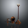 Vintage Decorative Equipment Including Globe Floor Candelabra Metal Stand And Glass Jar On Dark Background