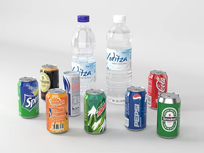 Assorted Bottled Water And Canned Beverages Including Soda Juice And Green Tea Drinks 3d model