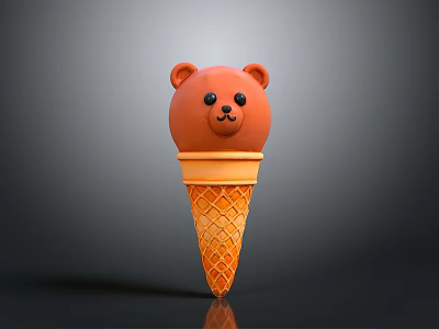 Orange Bear Head Shaped Ice Cream In Waffle Cone Isolated On Gray Background 3d model