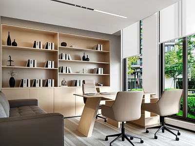 Modern Office Interior Design With Built in Bookshelves Wooden Desk And Greenery Outside Window 3d model