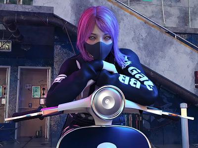 Game Movie Character In Black SEGA Outfit With Pink Hair Mask On Scooter Industrial Setting 3d model