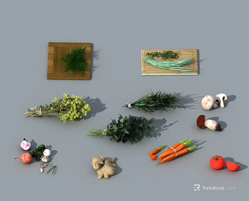 Assorted Fresh Vegetables Including Carrots Tomatoes Mushrooms Herbs Dill Onion Garlic And Ginger 3d model 