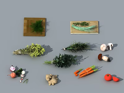 Assorted Fresh Vegetables Including Carrots Tomatoes Mushrooms Herbs Dill Onion Garlic And Ginger 3d model