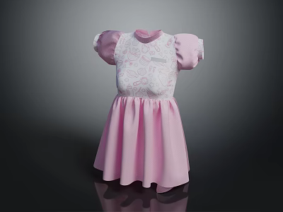 Pink Dress With Lace Details Puff Sleeves High Neck And Flared Skirt 3d model
