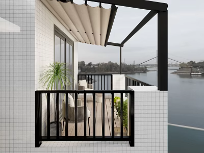 Modern Home Balcony With Retractable Awning Black Railing White Tiles Green Plants And River View 3d model