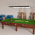 Billiard Room With Green Felt Table Blue Sofas Cue Rack And Hanging Light 3d model