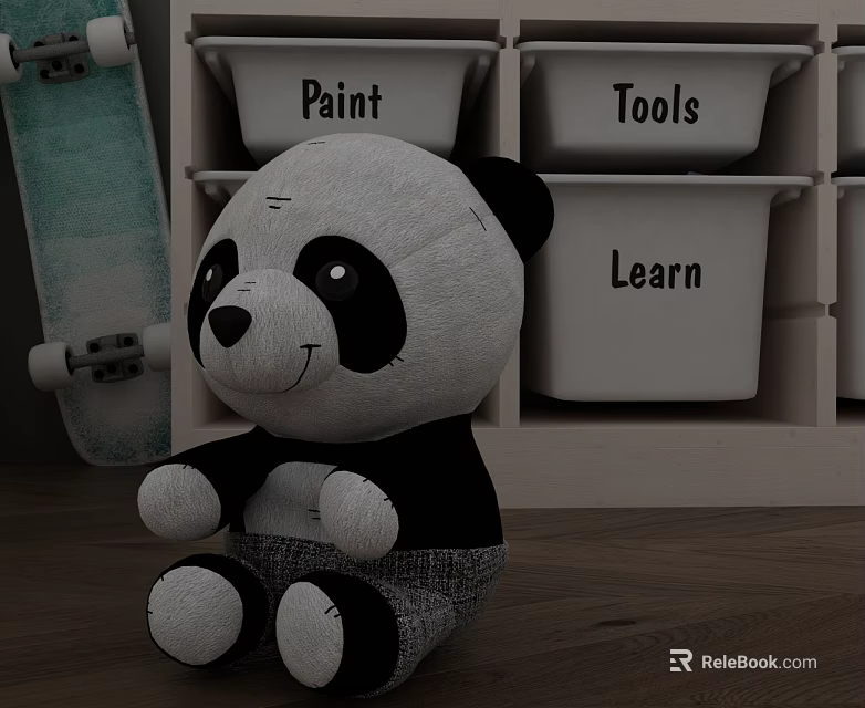 Hinged Door Wooden Cabinet Featuring Storage Bins Panda Plush Toy And Skateboard 3d model 