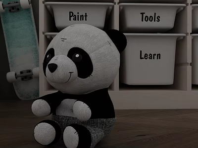 Hinged Door Wooden Cabinet Featuring Storage Bins Panda Plush Toy And Skateboard 3d model
