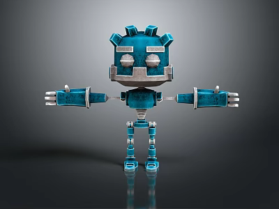 Blue Mechanical Robot Character Design With Square Head Gear Top And Limbs 3d model