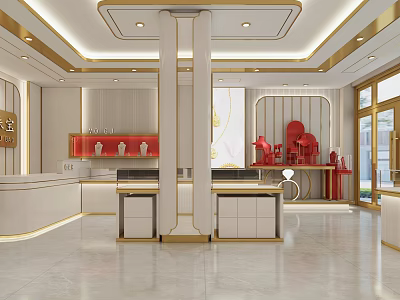 Elegant Specialty Store Interior With Golden Decor White Theme Red Display Areas And Counter 3d model