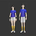 Two Characters In Blue Tops Light Gray Shorts Yellow Socks And White Sneakers 3d model