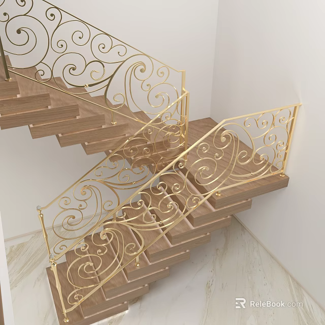 Golden Iron Staircase Railing With Decorative Scroll Design And Wooden Steps 3d model 