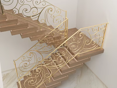 Golden Iron Staircase Railing With Decorative Scroll Design And Wooden Steps 3d model