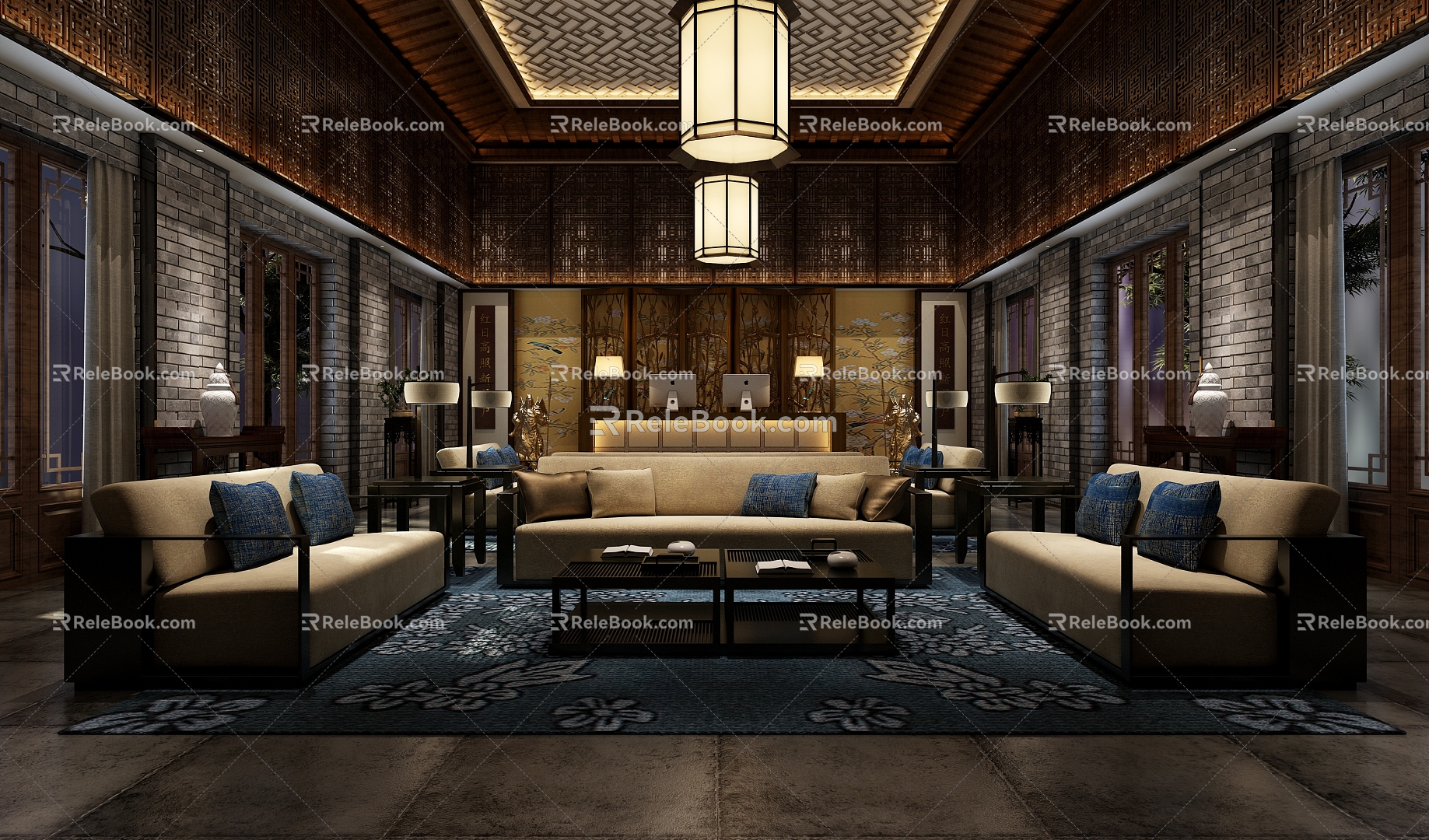 Traditional Chinese Tea House Reception Room 3d model