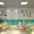 School Classroom With Blue White Walls Round Tables Purple Lavender And Circular Windows
